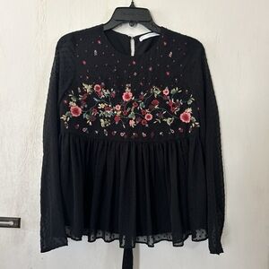 Zara Trafaluc Collection Peplum Embroidered Black Floral Women's Top